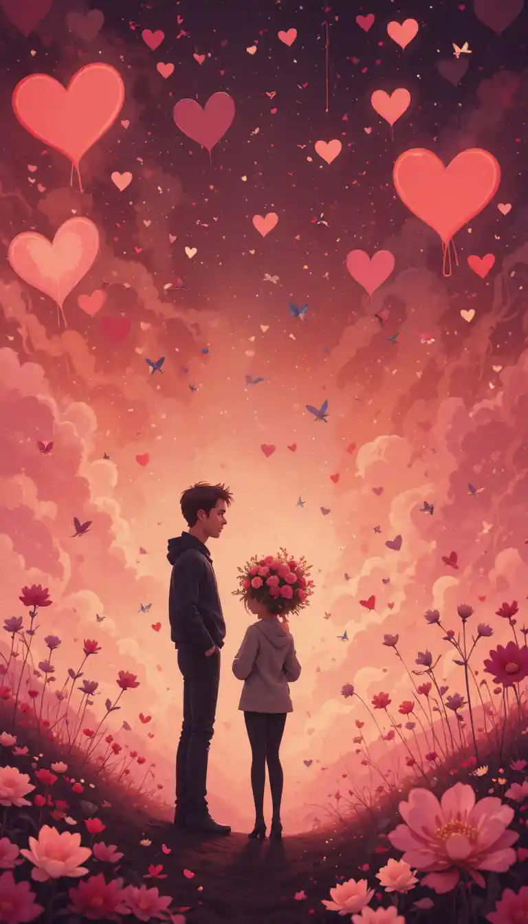 Romantic fantasy woman with flowers in a heart filled sky