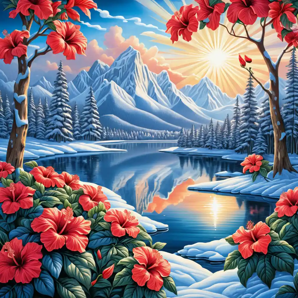 Winter meadow landscape with snowy trees and distant mountains
