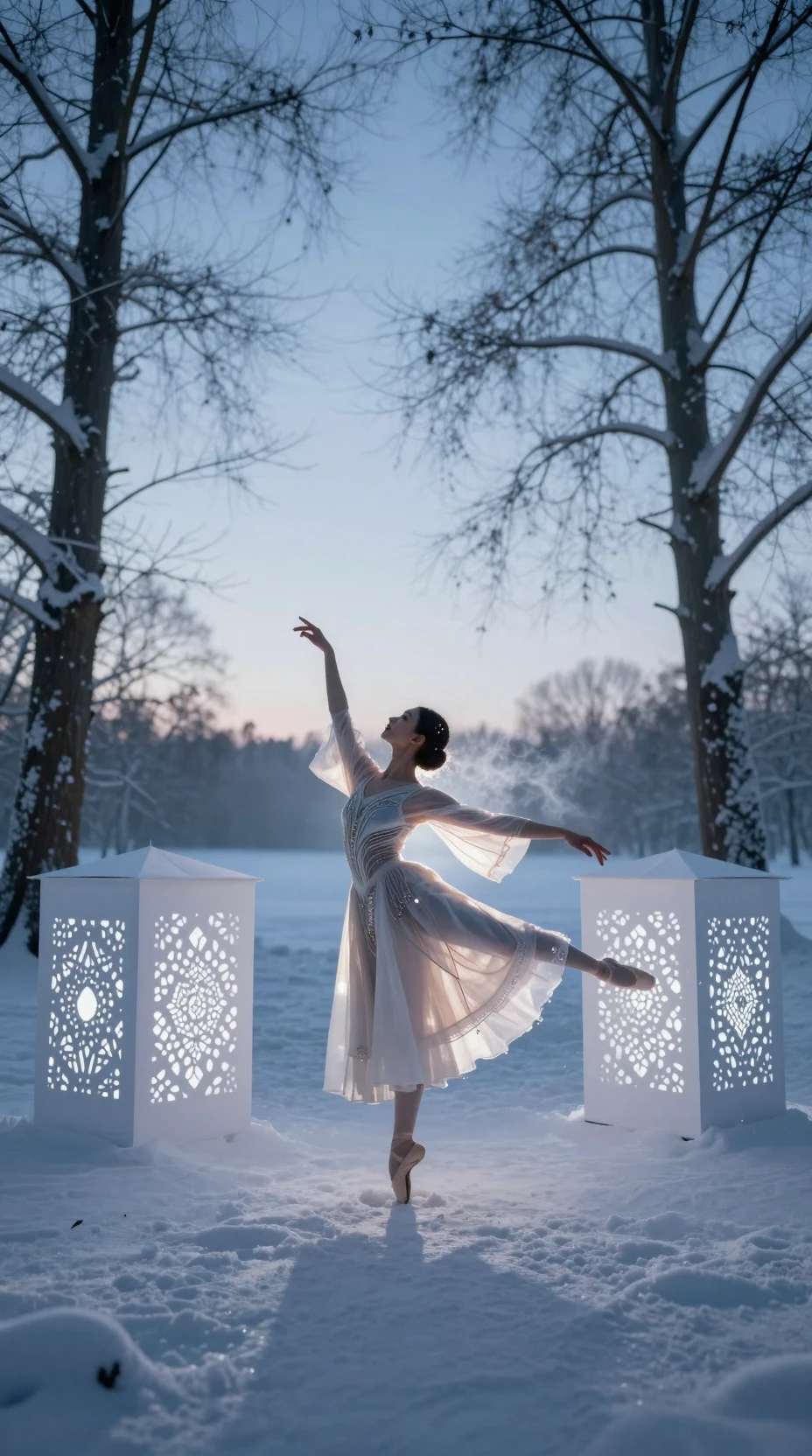 Bailarina afrofuturista en arabesque entre esculturas de papel luminosas