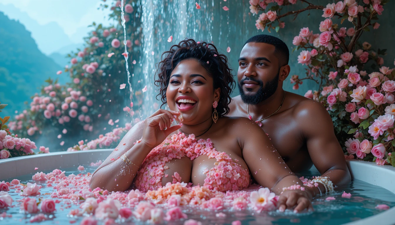 Femme joyeuse dans une salle de bain remplie de fleurs en cascade