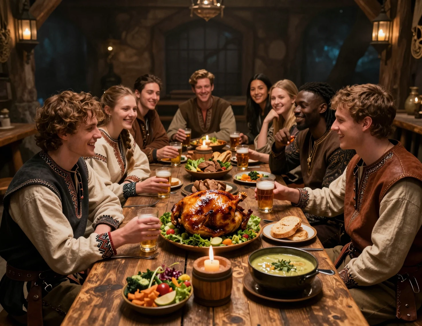 Amigos compartiendo comida en una acogedora taberna de fantasía por la noche