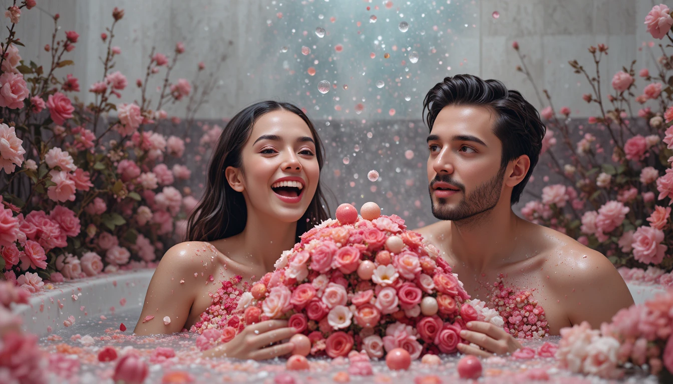 Woman laughing in a bathroom filled with wildflowers and candy