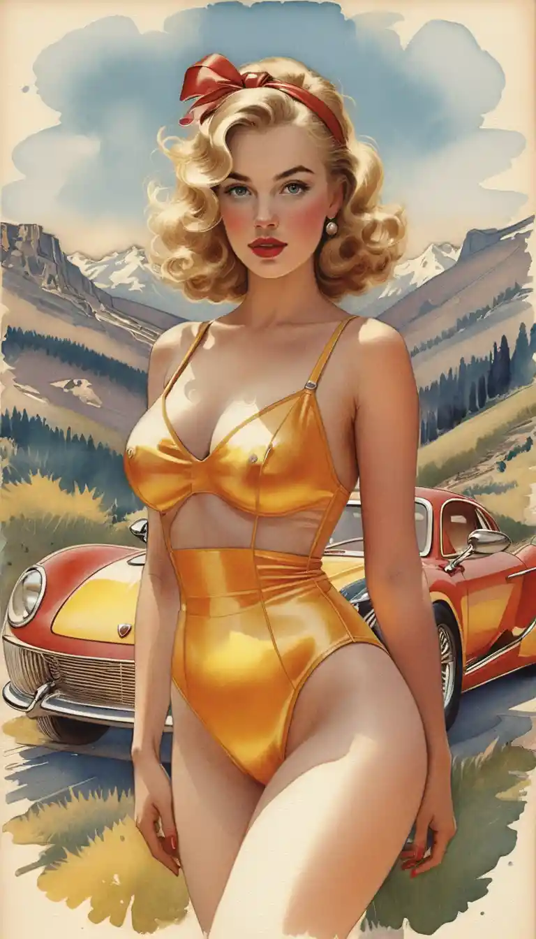 Blonde woman in red overalls on vintage red car portrait