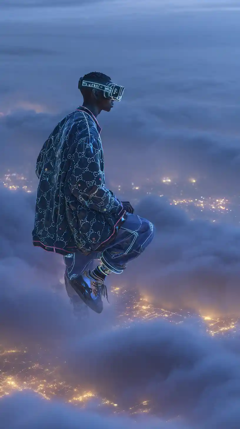 Afrofuturistic man floating above glowing night clouds