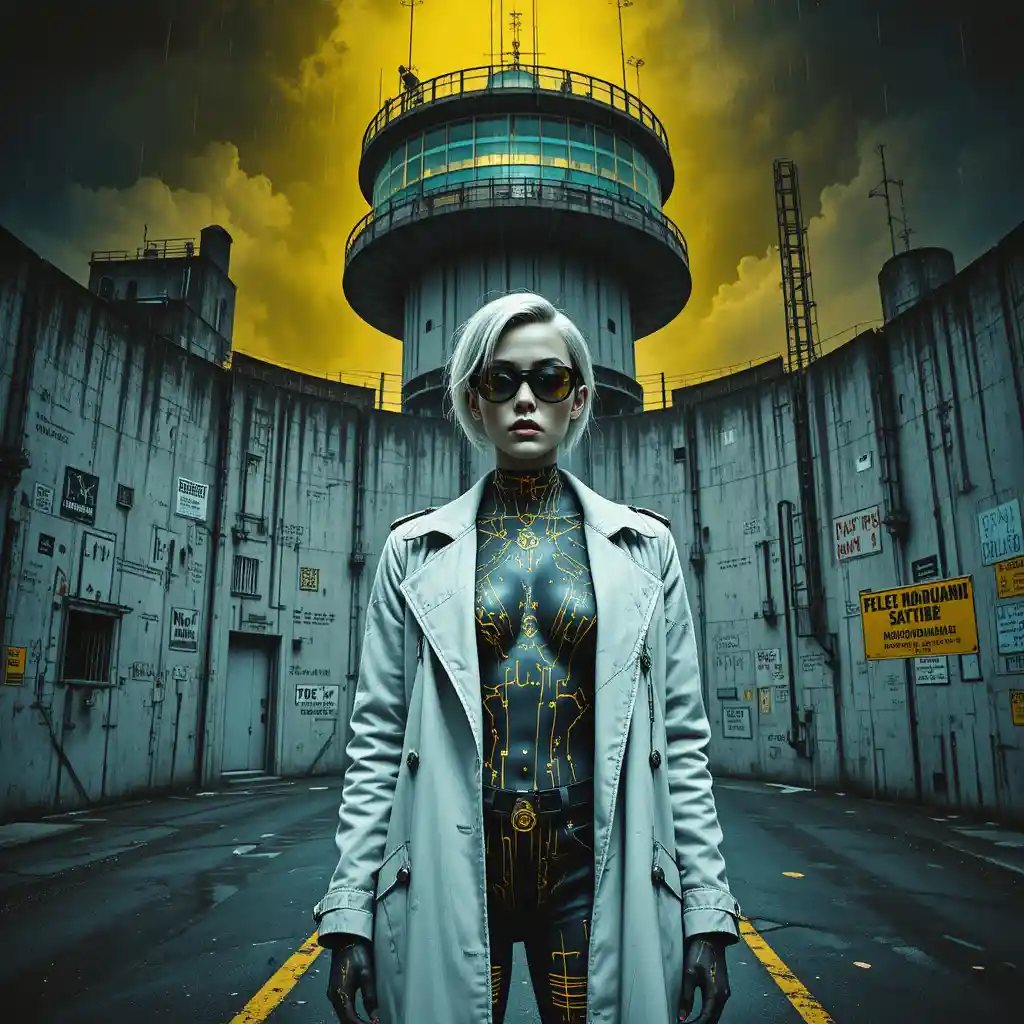 Femme fatale before nuclear wall in glitch cyberpunk poster