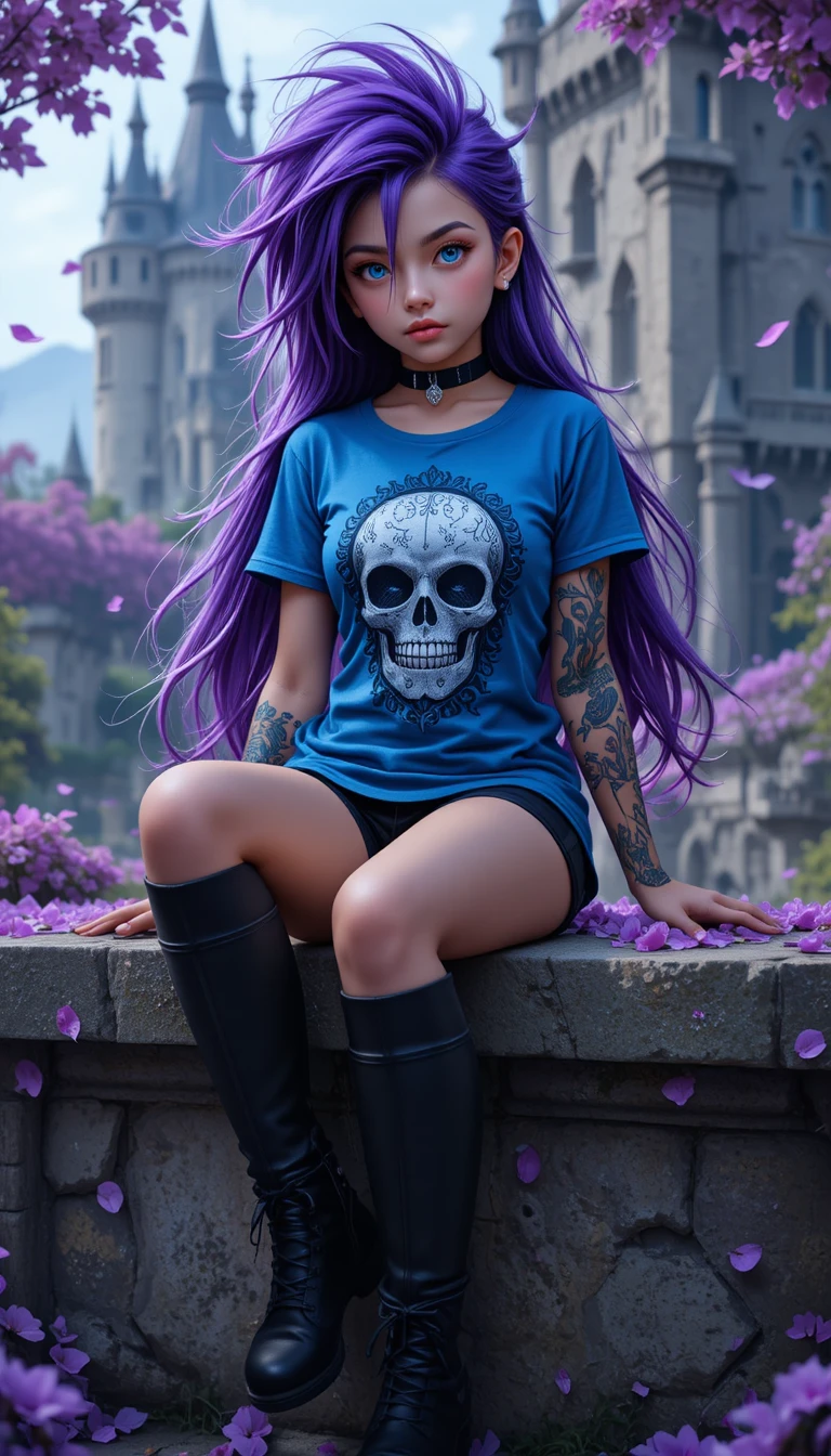 Chica punk fantástica relajándose junto a un castillo lejano