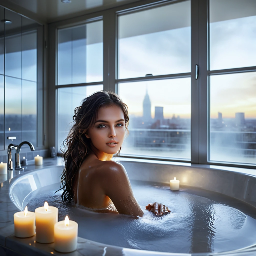 Bruna rilassata in un bagno illuminato dalle candele con vista sulla città