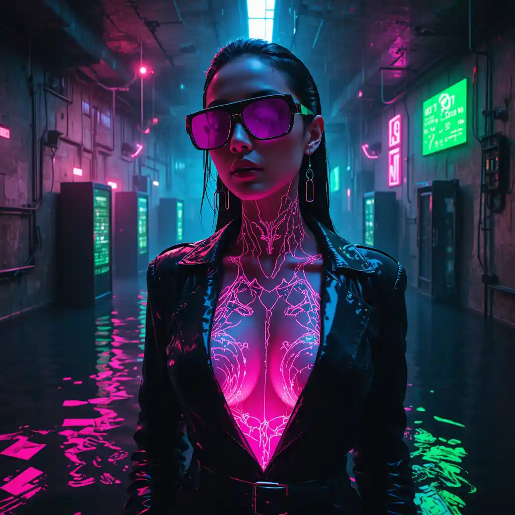 Cyberpunk femme fatale in neon flooded data bunker