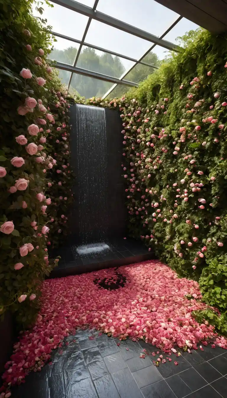 野の花があふれる緑豊かなバスルーム・サンクチュアリ