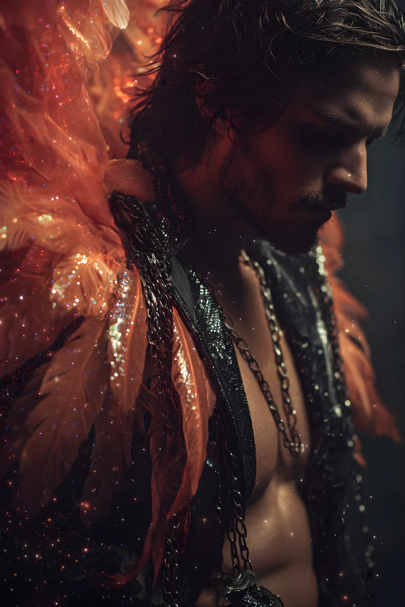 Serene male model with chained wings in cosmic night sky