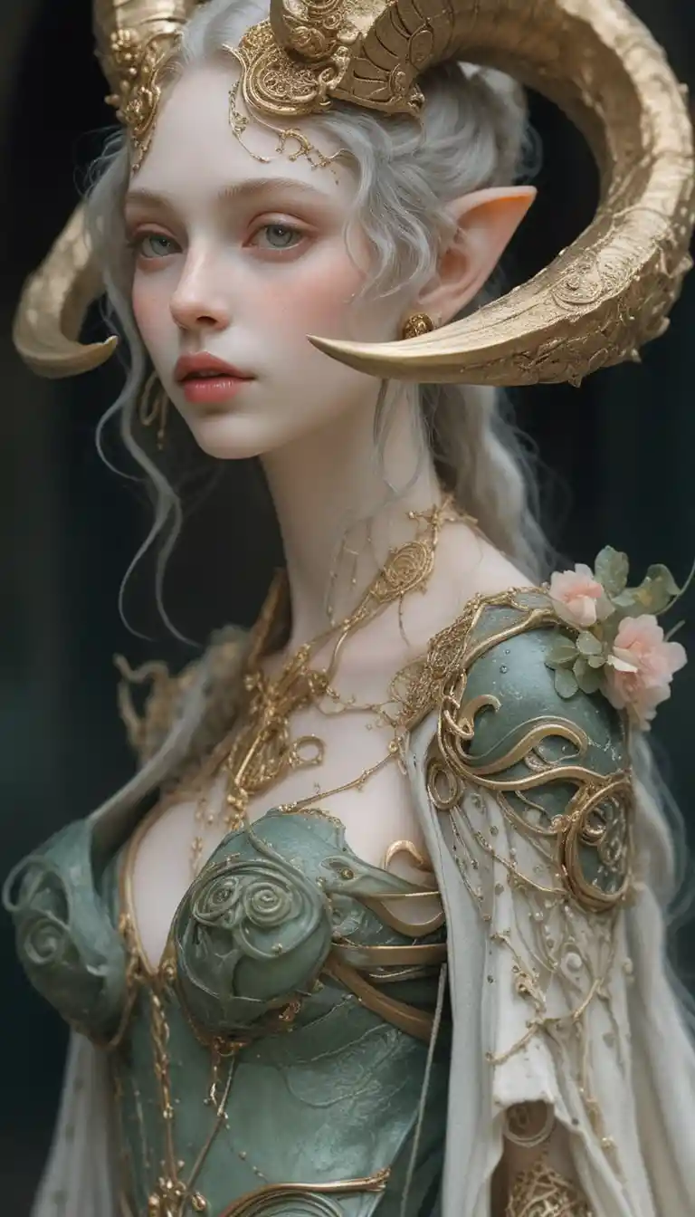 Melancholic elven woman with ram horns in ornate armor