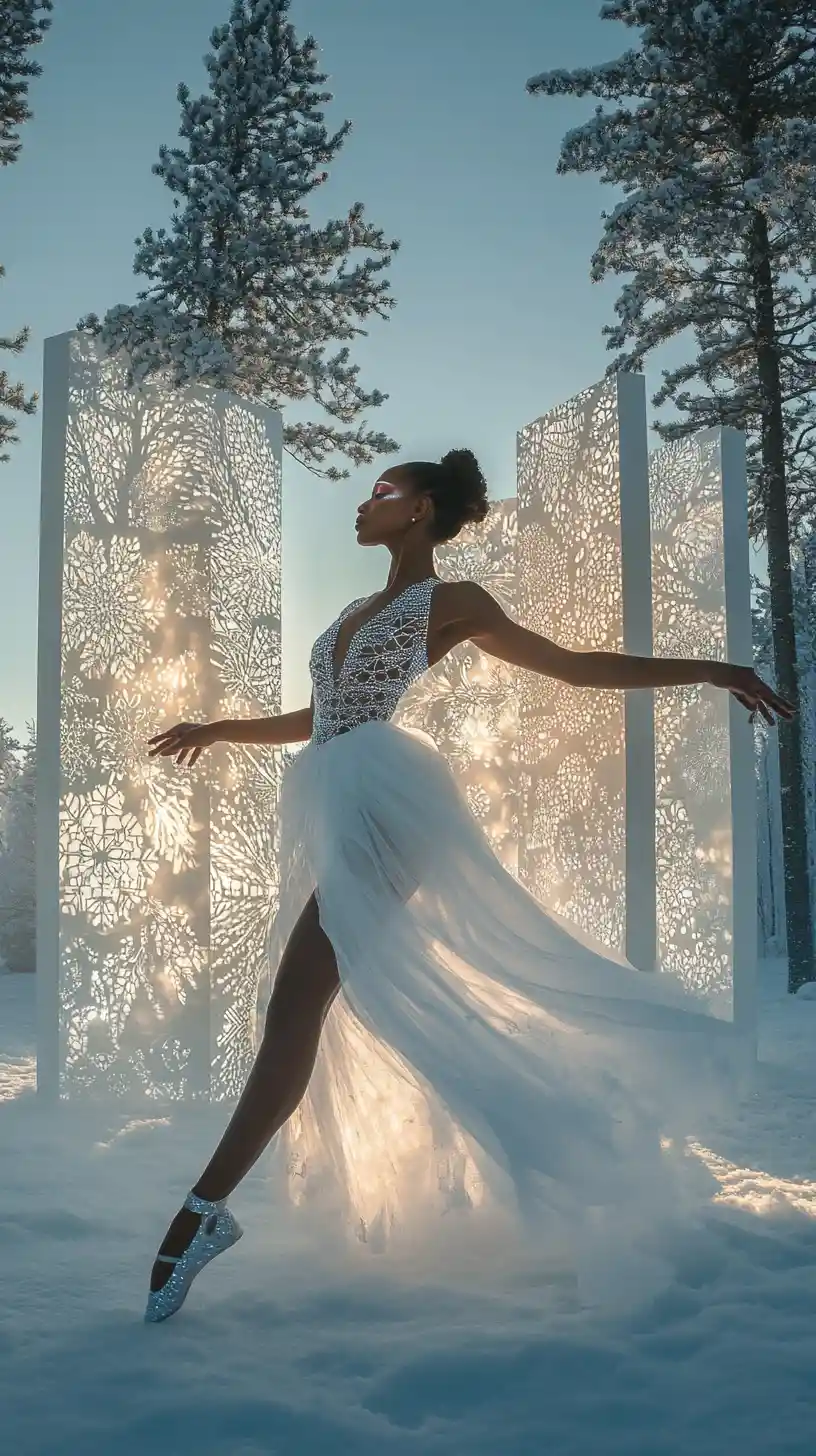 Afrofuturistic ballerina posing in snowlit winter forest