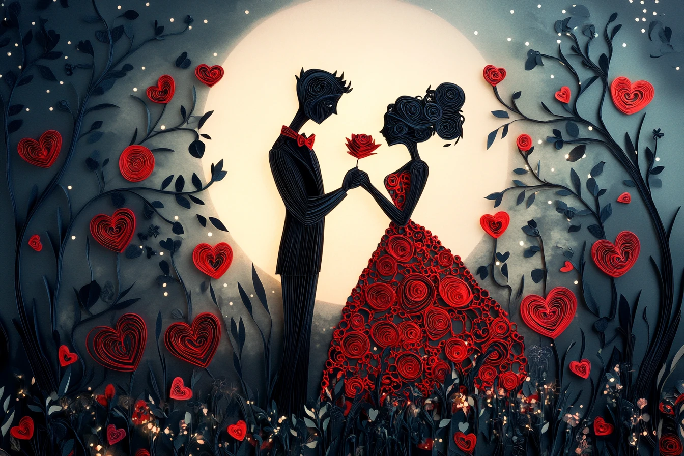 Paper art couple in a moonlit garden of hearts