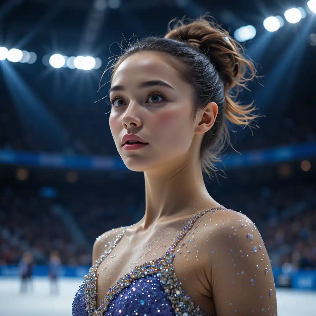 Figure skater portrait under dramatic stadium spotlights