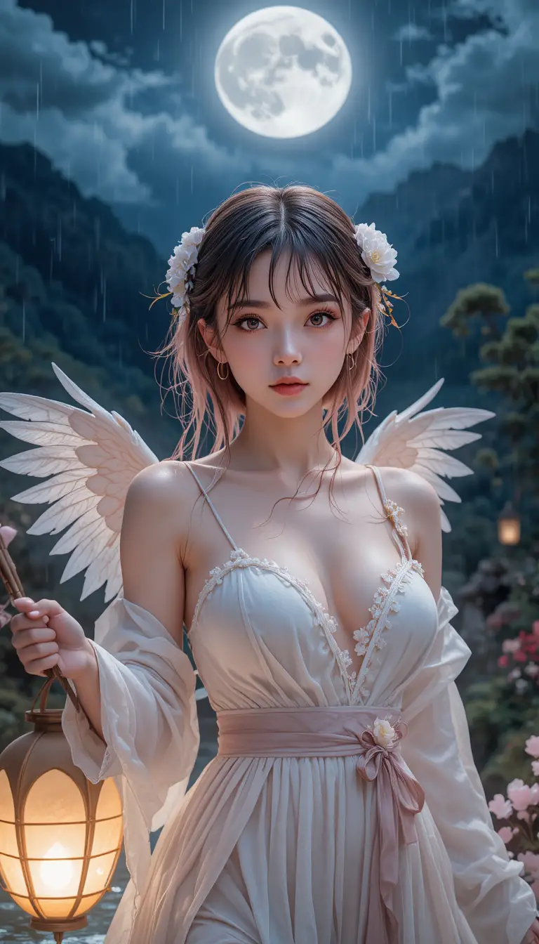 Asian angelic girl walking in moonlit garden water