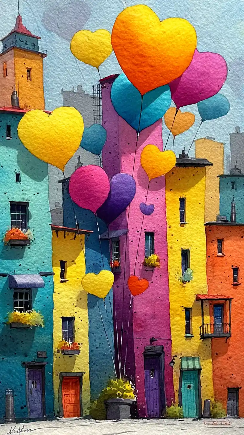 Sunny fantasy city with floating translucent watercolor hearts