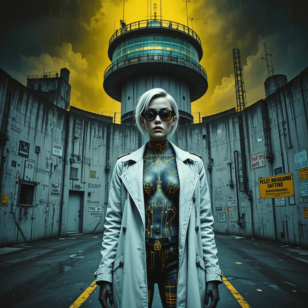 Femme fatale before nuclear wall in glitch cyberpunk poster