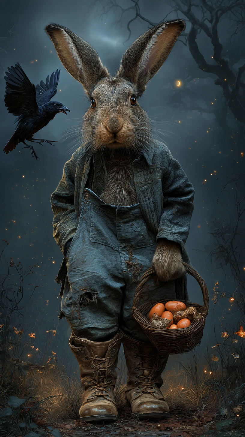 Shaggy rabbit with basket in a dark mystical forest