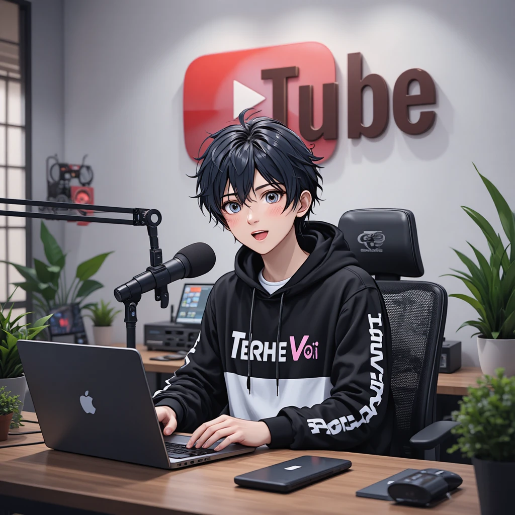 Chico adolescente de anime haciendo streaming en un escritorio de computadora tech