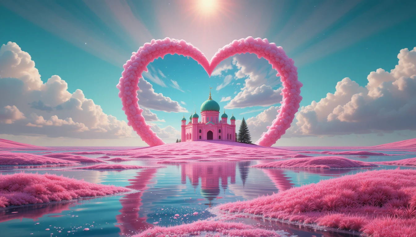 Horizonte oceánico surrealista con portal de corazón rosa brillante