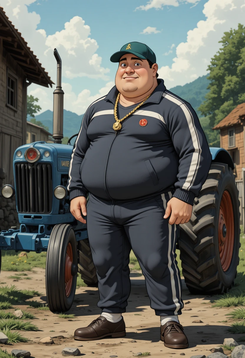 Hombre corpulento junto a un tractor azul en una aldea de anime retro