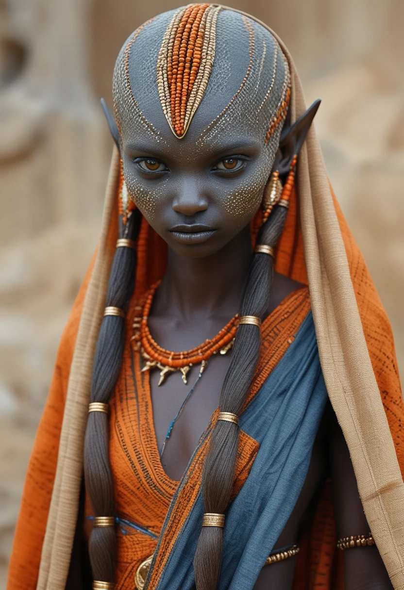Alien reptilian woman in tribal sci fi ceremonial portrait