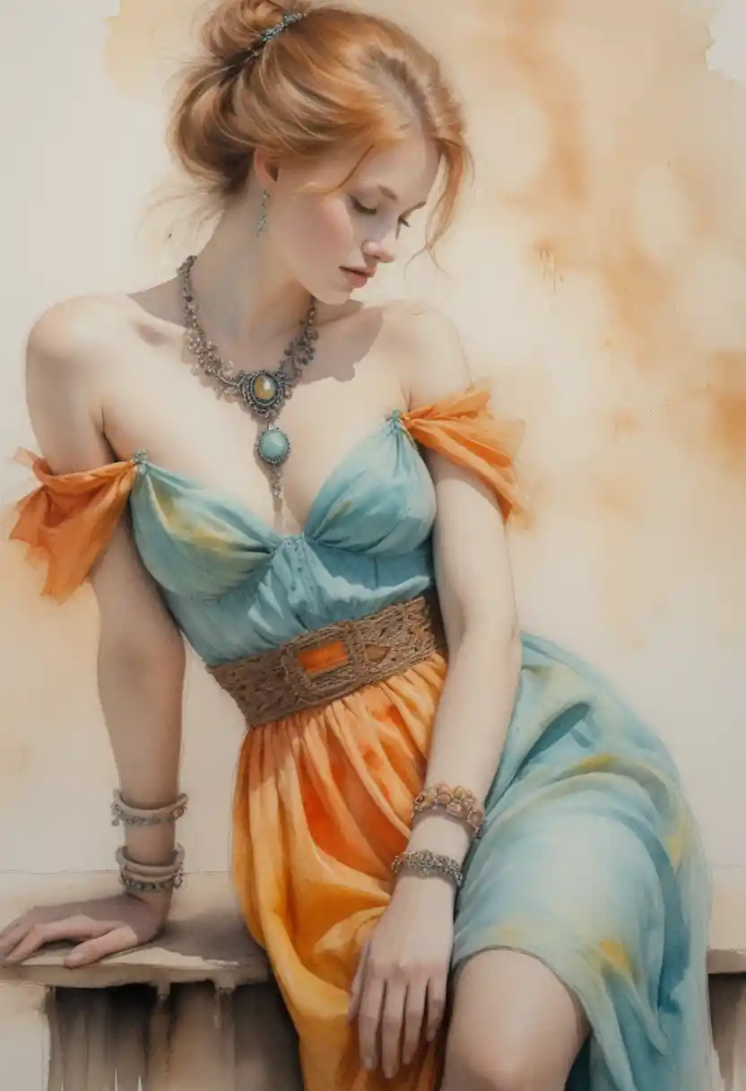 Dreamy red haired girl in pastel strap dress on stool