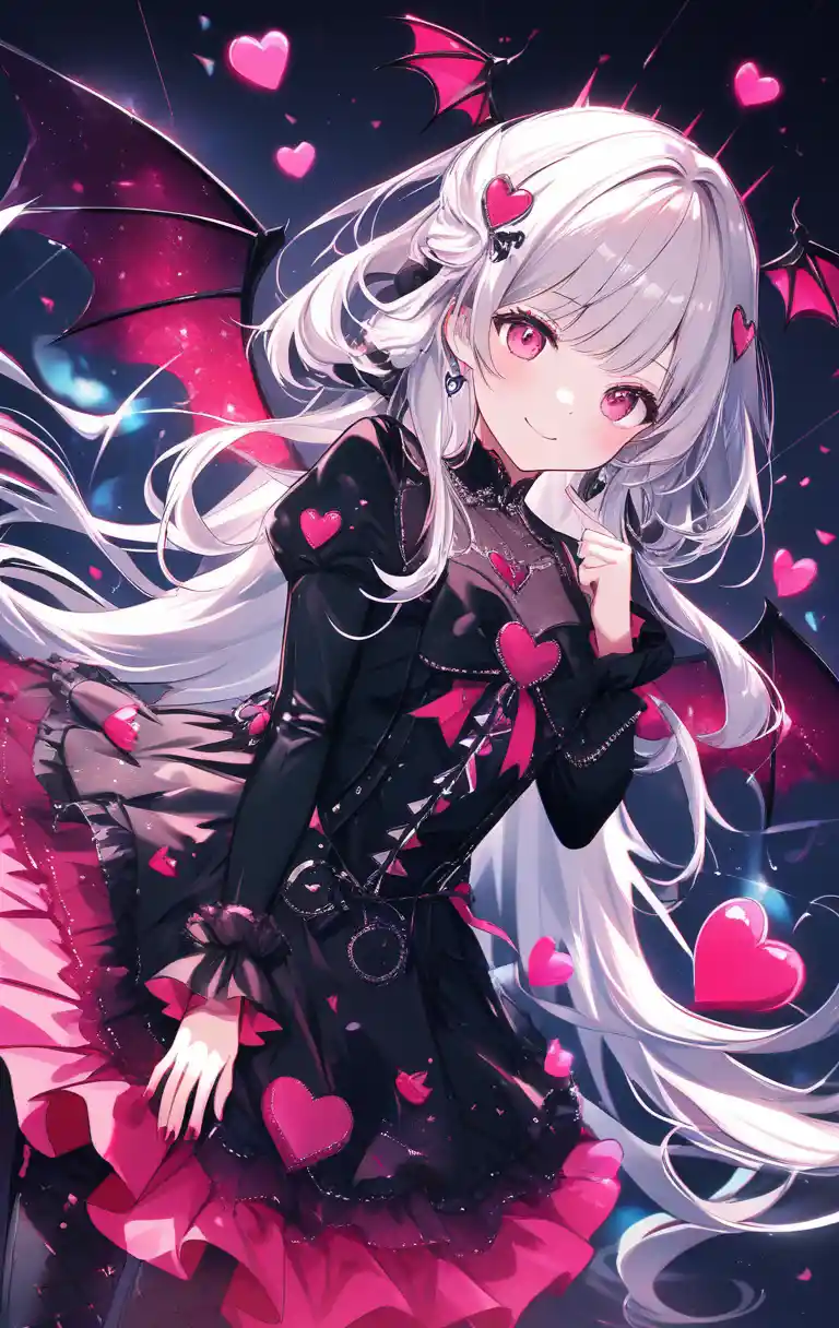 Silver haired anime succubus girl with heart motif