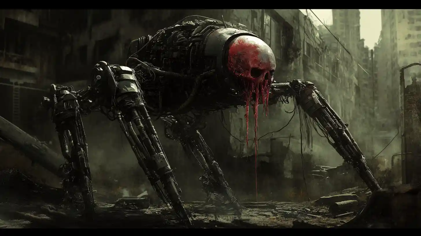 Weathered cyborg in a ruined post apocalyptic cityscape