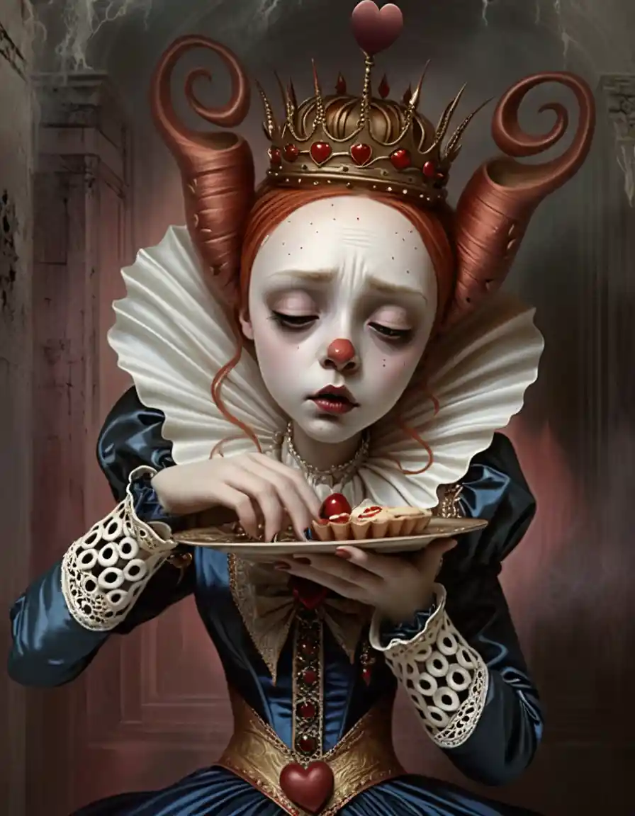 Melancholic queen of hearts portrait in gothic fantasy style