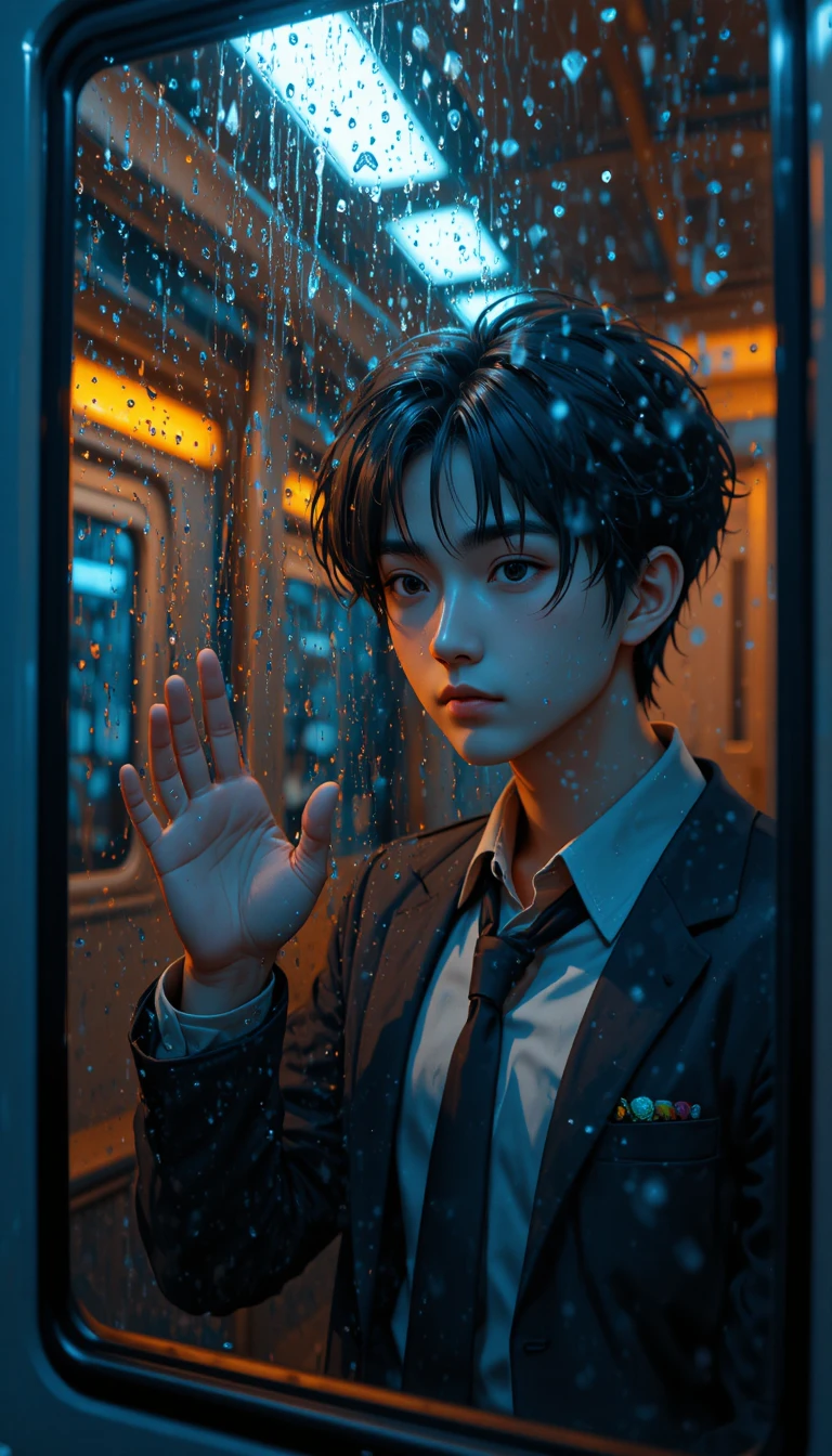 Chico de anime melancólico en la ventana del tren en una noche lluviosa