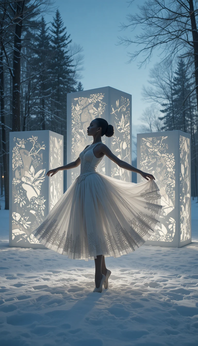Bailarina afrofuturista posando en la nieve junto a esculturas de papel luminosas