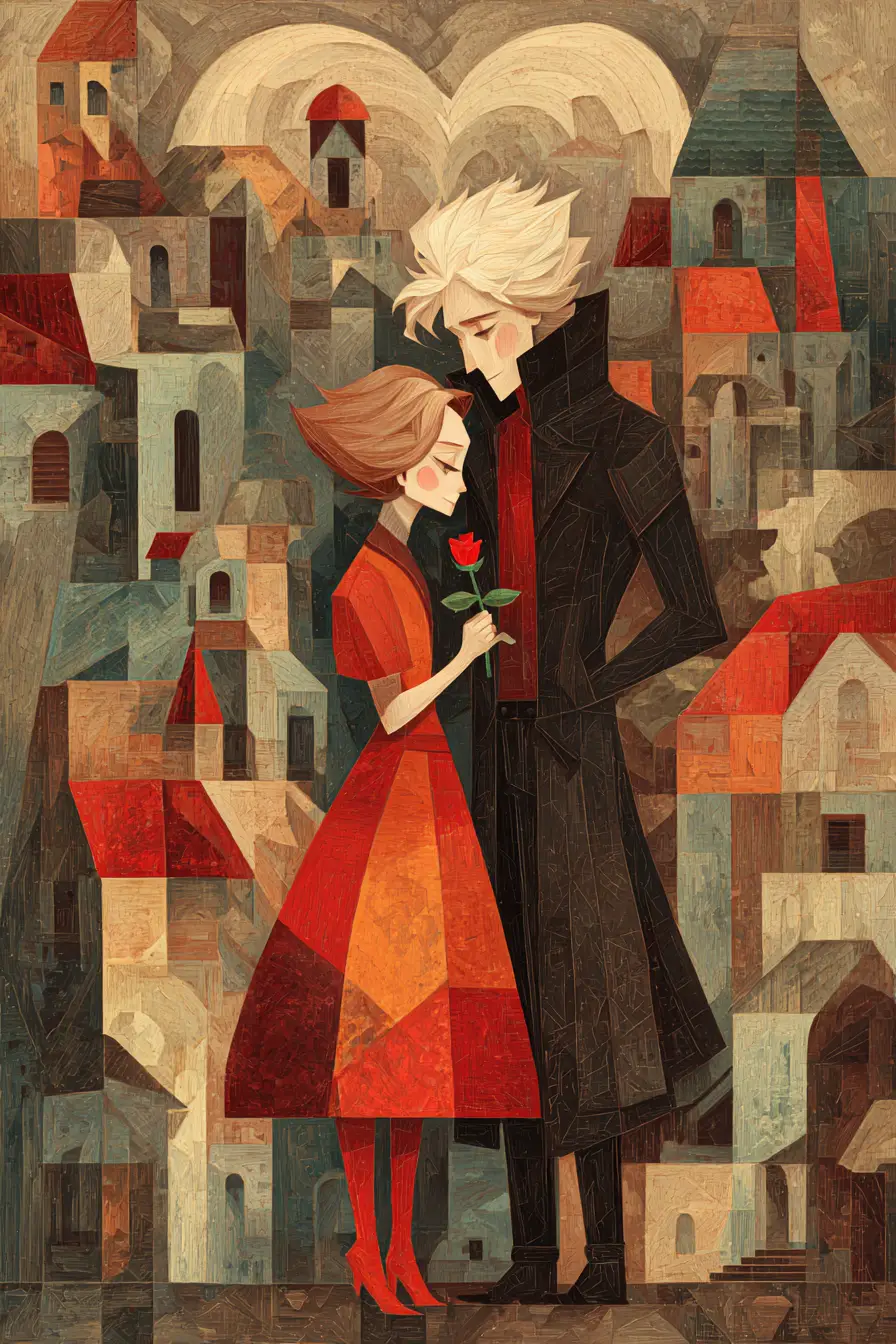 Romantic couple with cubist village in heart background