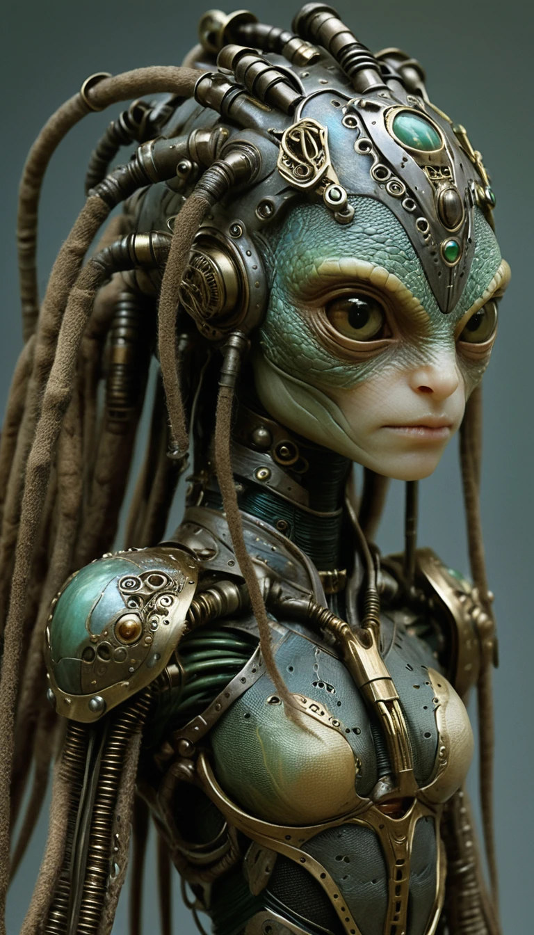 Alien reptilian female cyborg portrait with steampunk armor