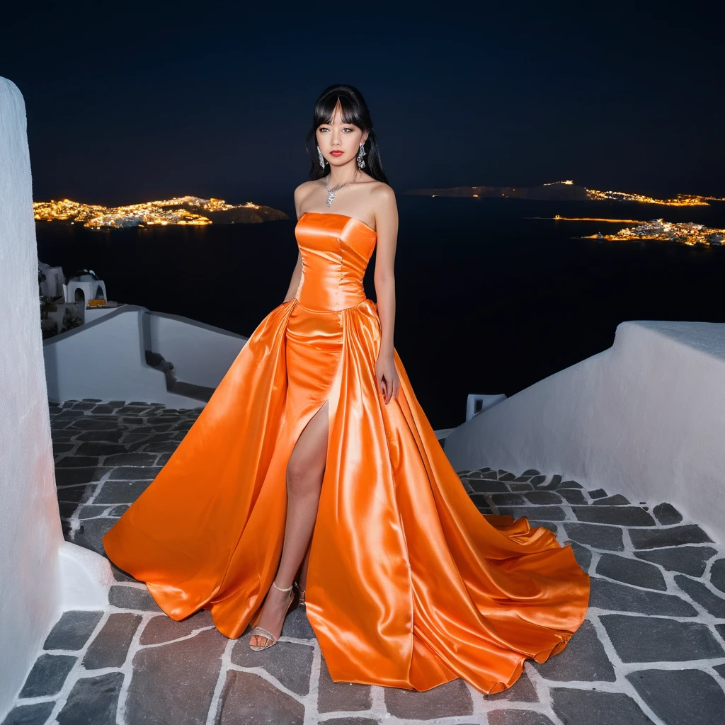 Joven mujer con vestido de satén naranja de noche en Santorini
