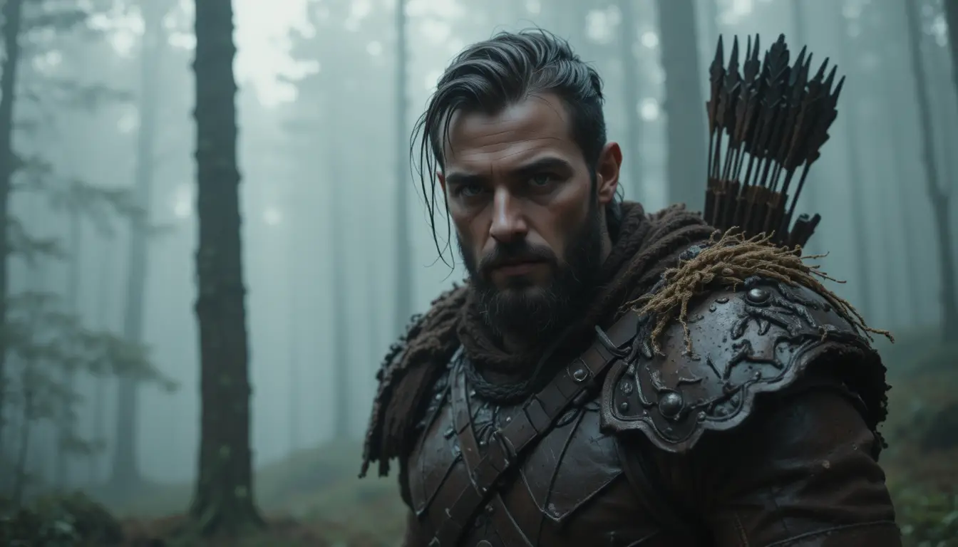Determined archer in leather armor amid misty forest