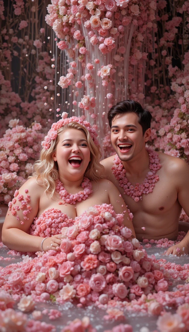Joyful woman in a bathroom overflowing with wildflowers