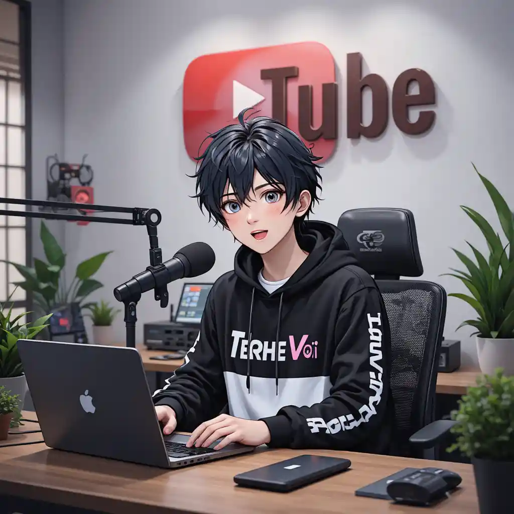 Anime teen boy streaming at a tech computer desk