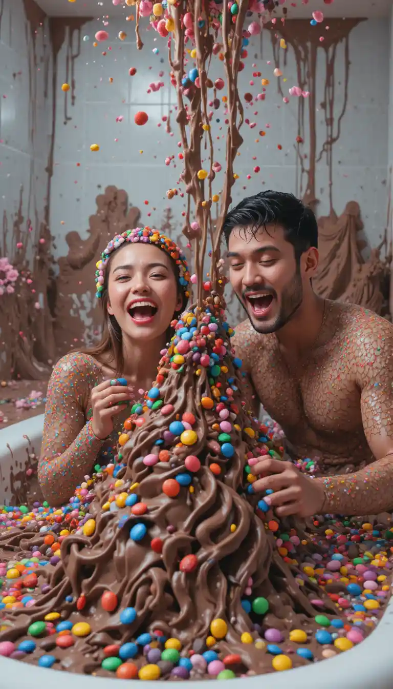 Joyful couple in chocolate foam filled bathroom