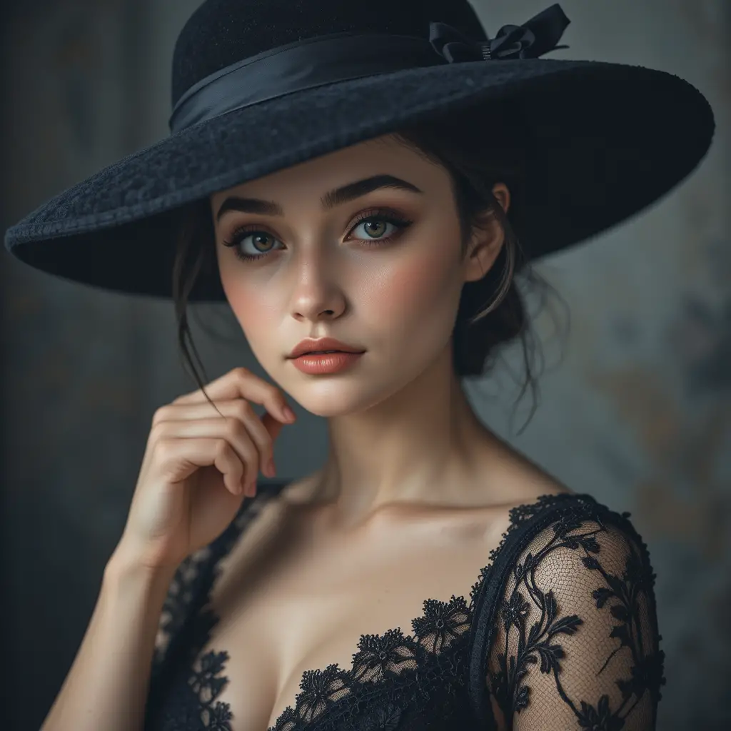 Thoughtful woman in black velvet hat portrait