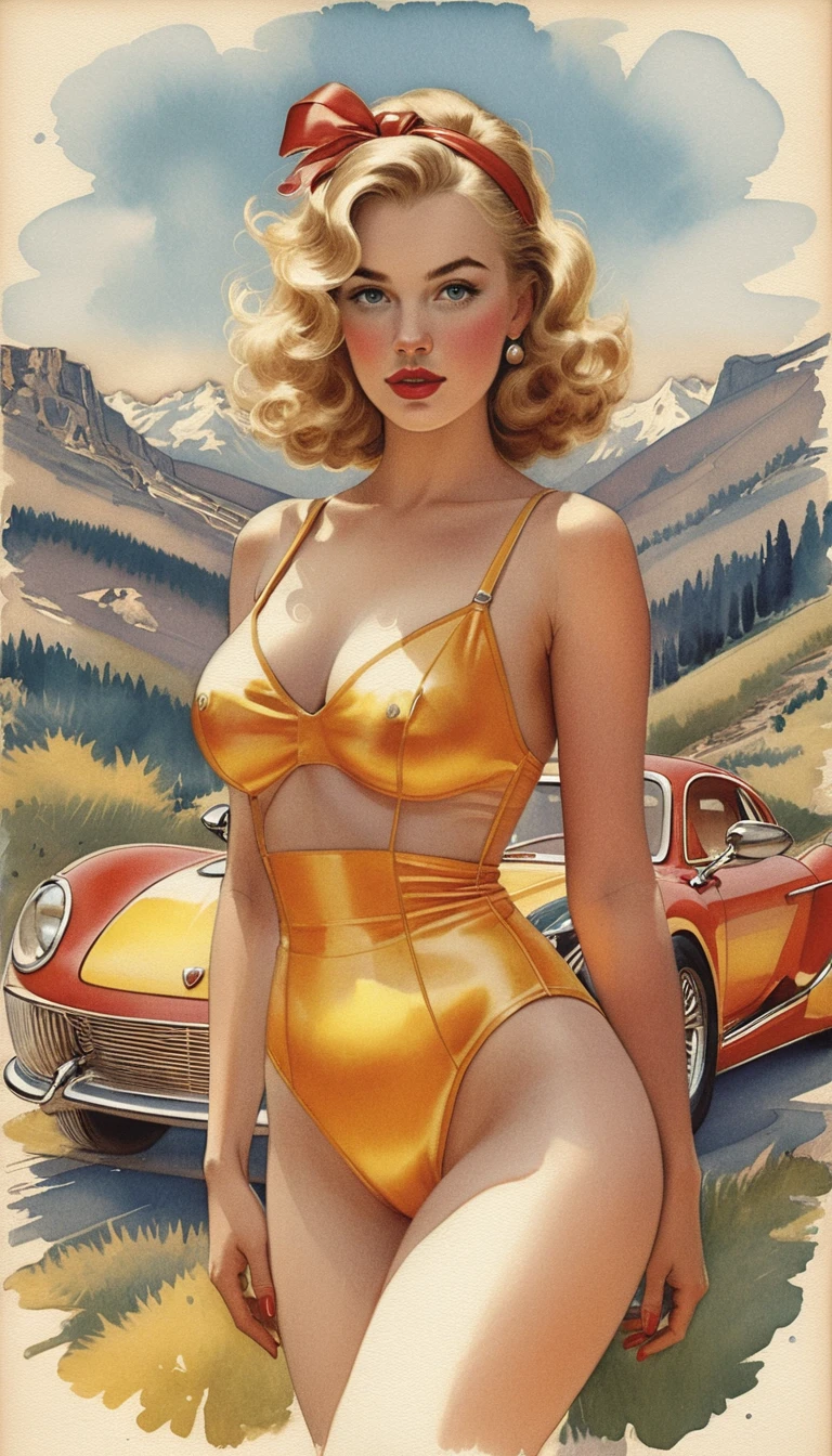 Blonde woman in red overalls on vintage red car portrait
