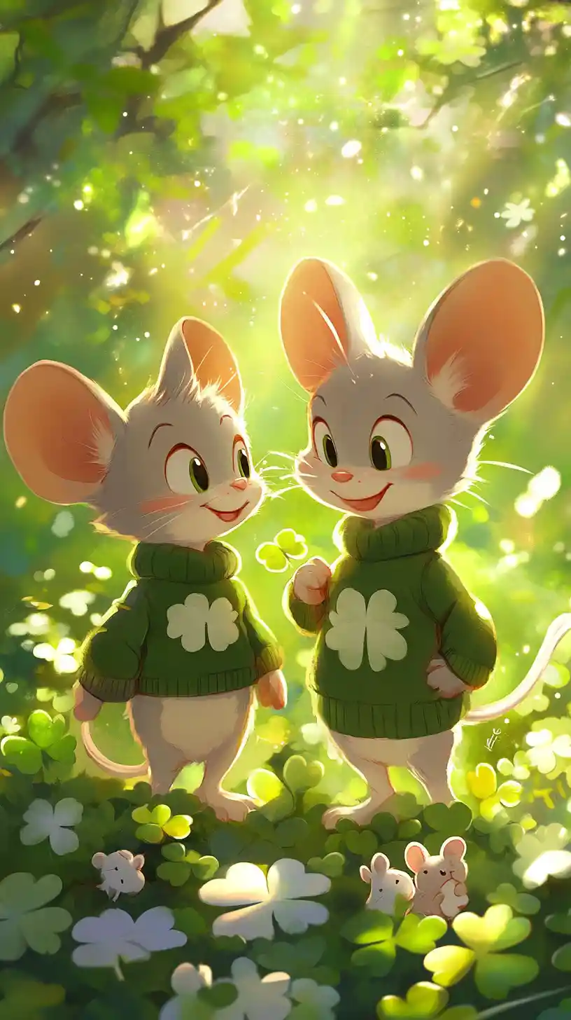 Tom and Jerry in sweaters standing in a clover meadow