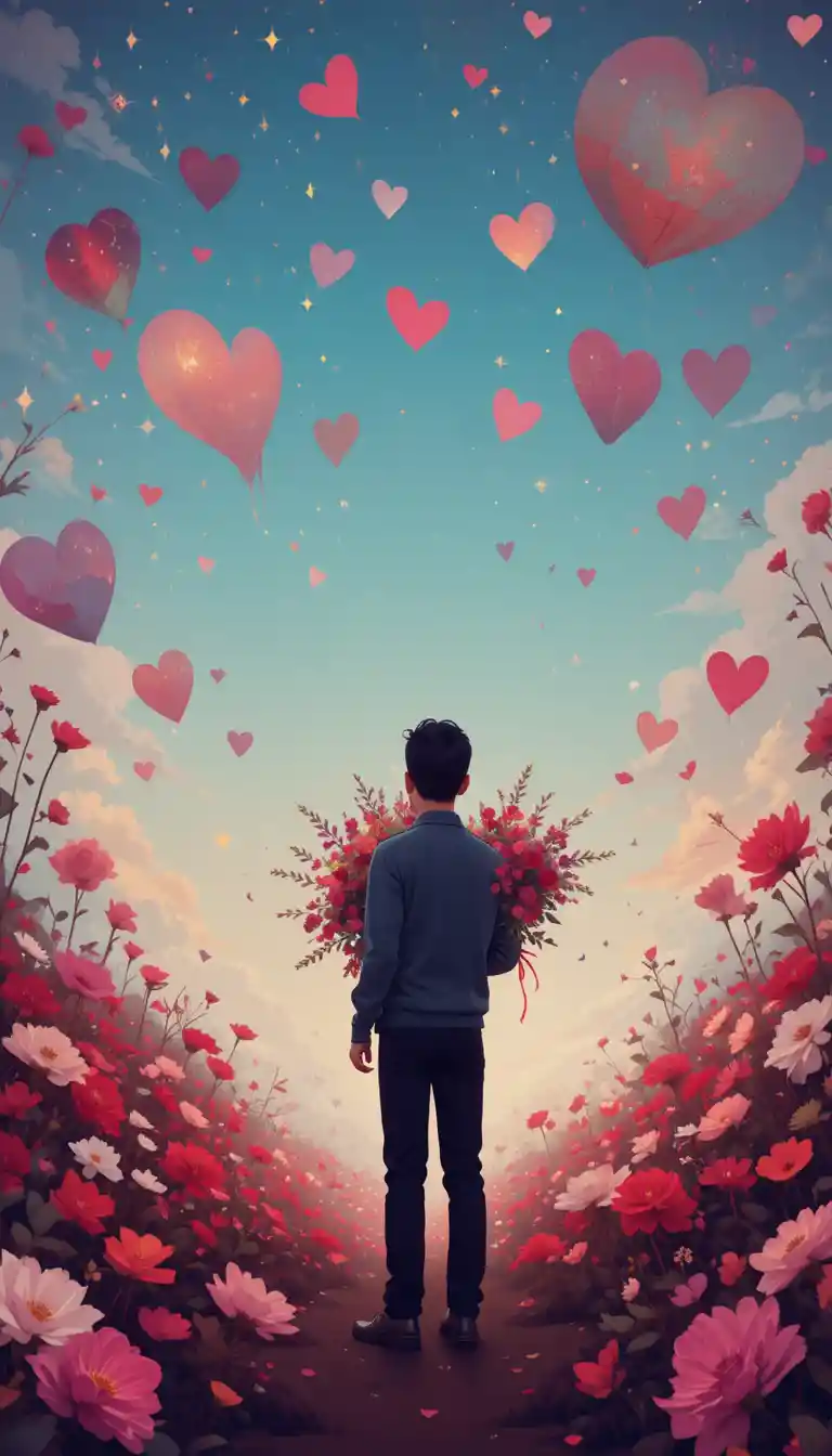 Fantasy woman surrounded by raining hearts and flowers