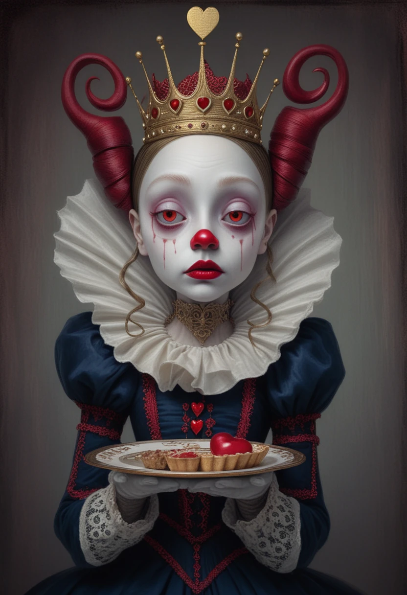 Reina de corazones melancólica sosteniendo una tarta de corazón rojo