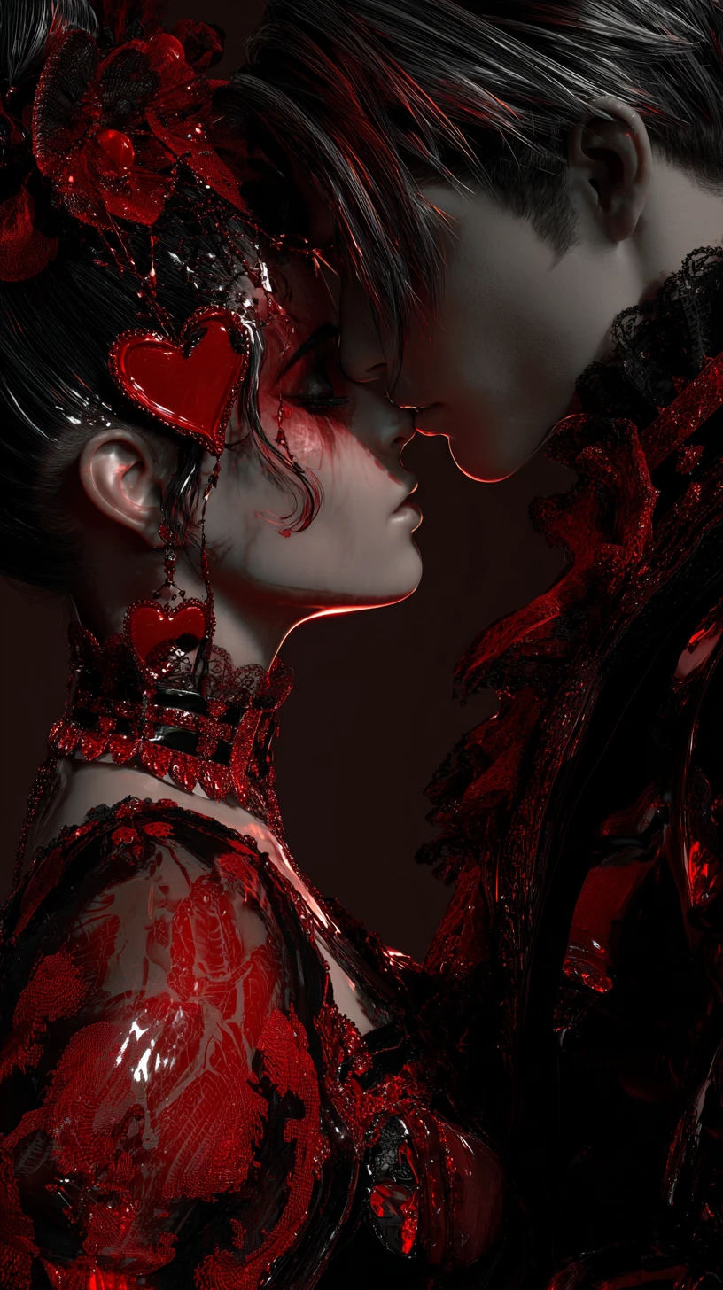 Gothic anime couple in red and black romantic glow