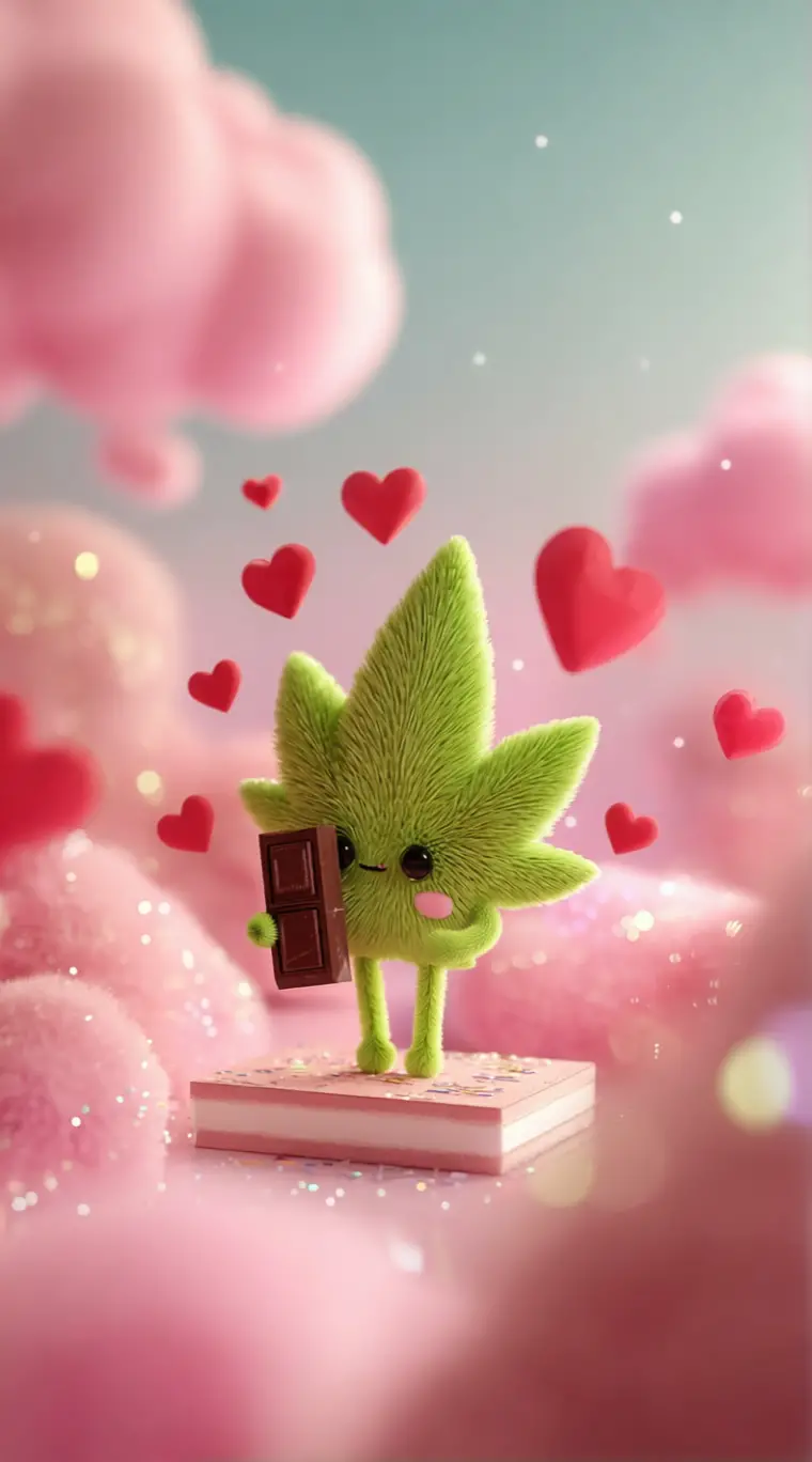 Cute 3D cannabis leaf holding a tiny valentine chocolate box