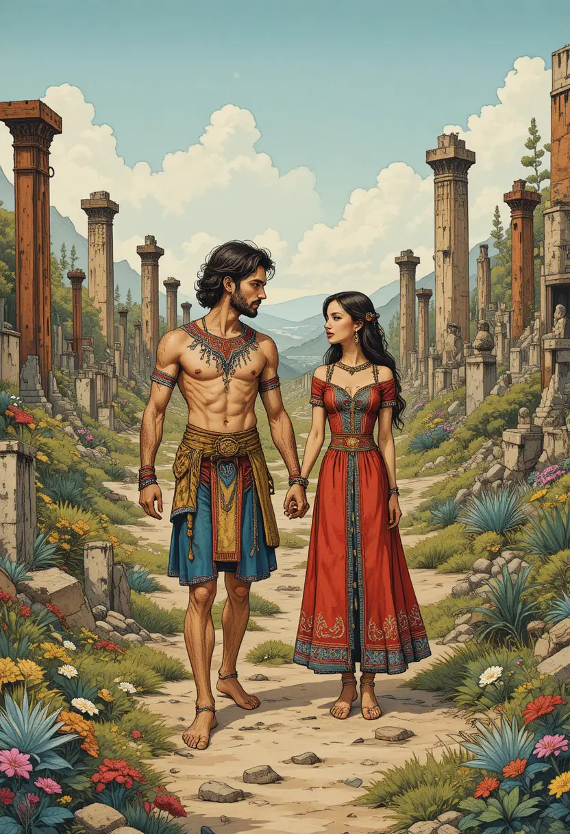 Ilustración folclórica de una pareja en un jardín posapocalíptico