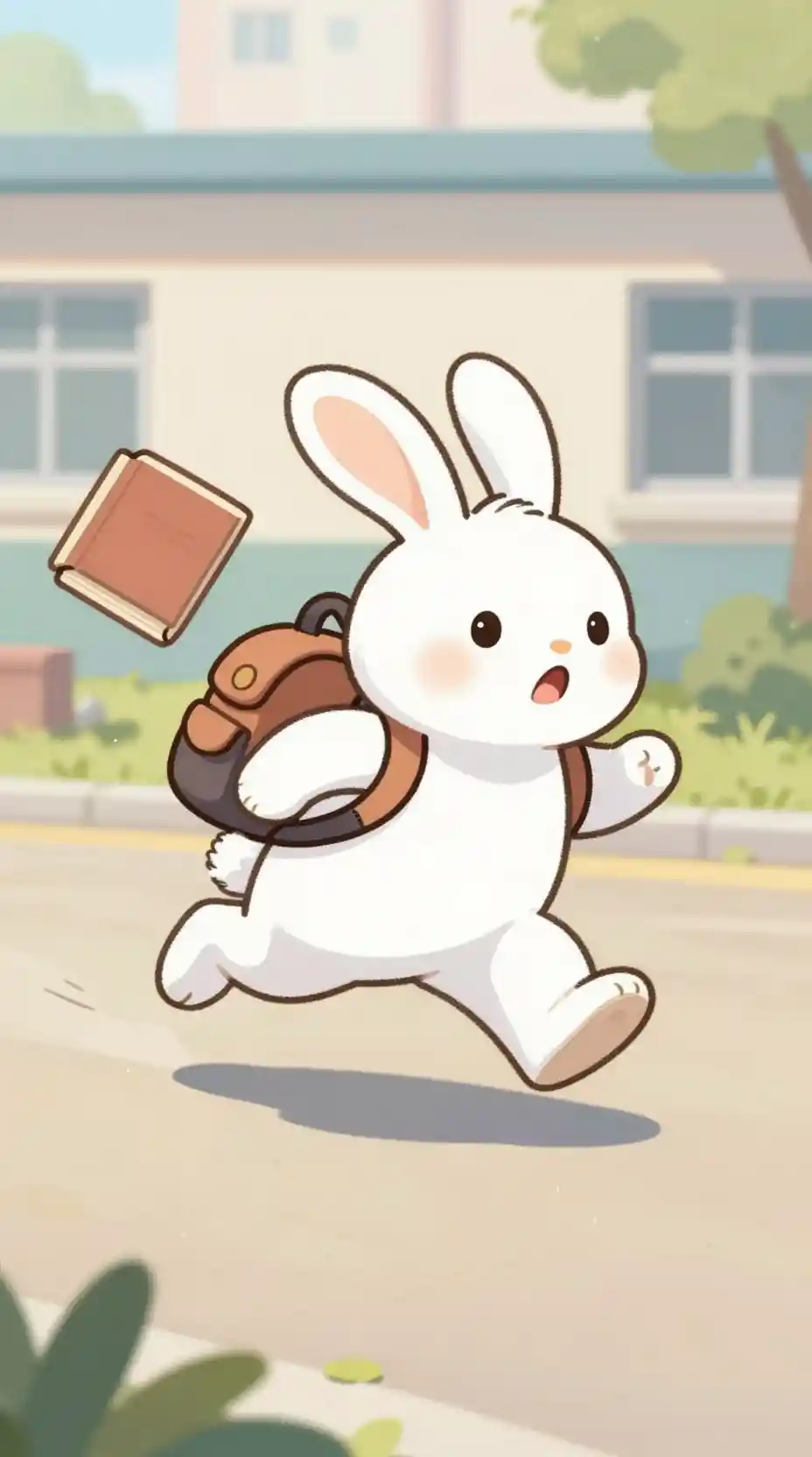 Conejito blanco adorable corre a la escuela con libros