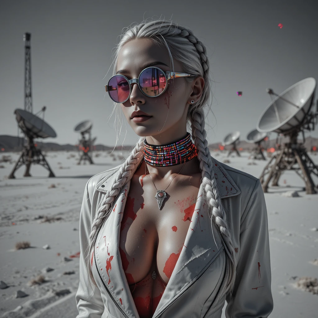 Cyberpunk femme fatale on blinding salt flat graveyard