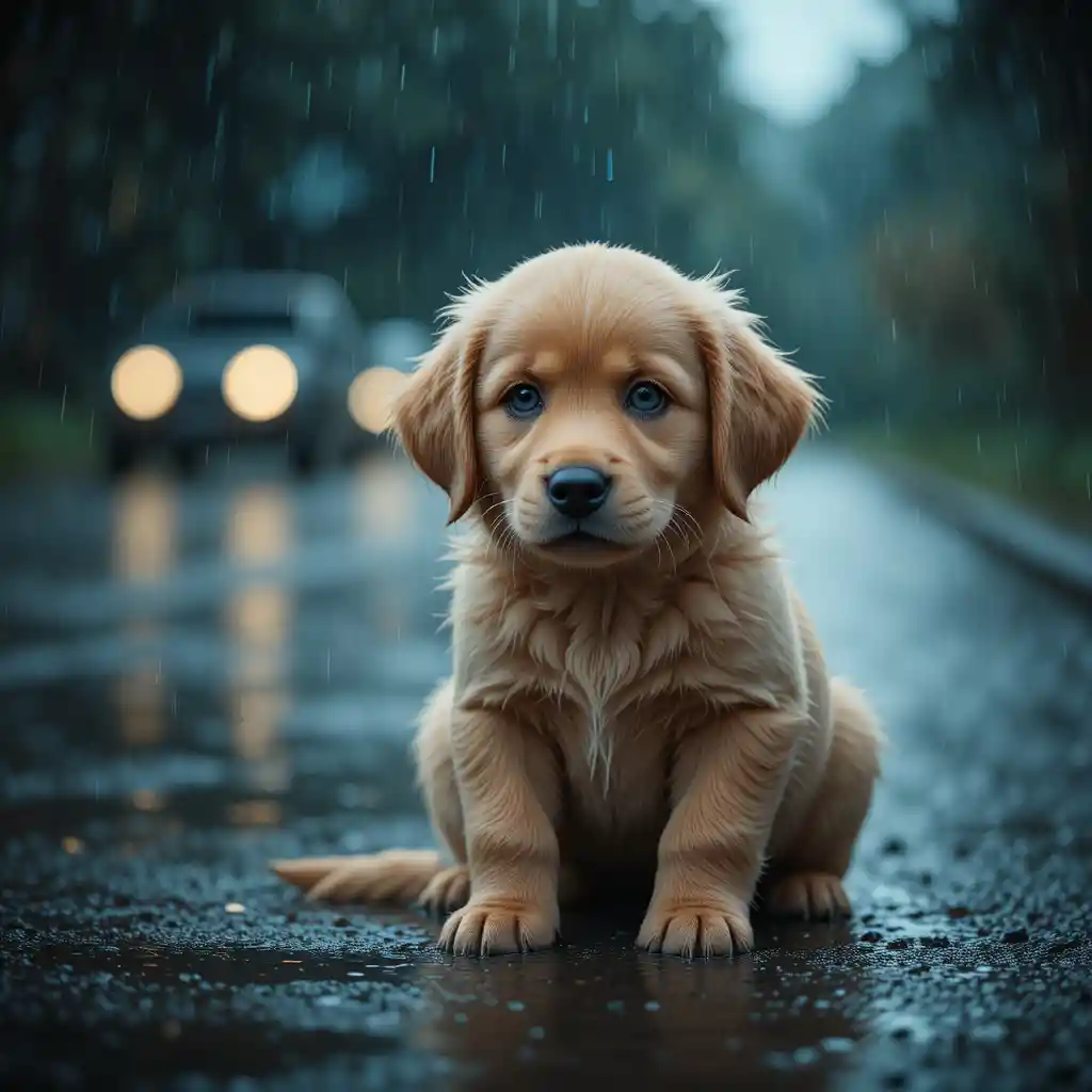 Sad golden retriever puppy sitting alone in the rain